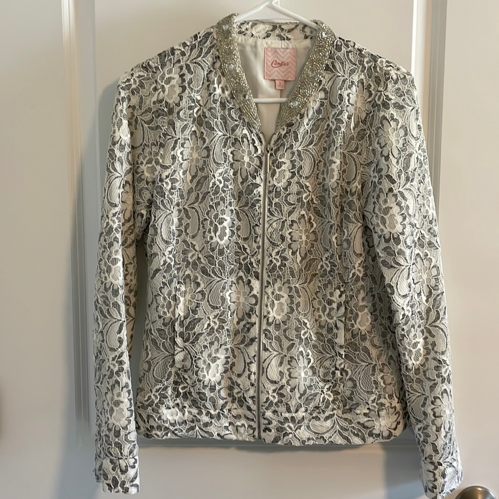 Candies Lace Overlay Zippered Jacket w/ Beaded Collar Size Small